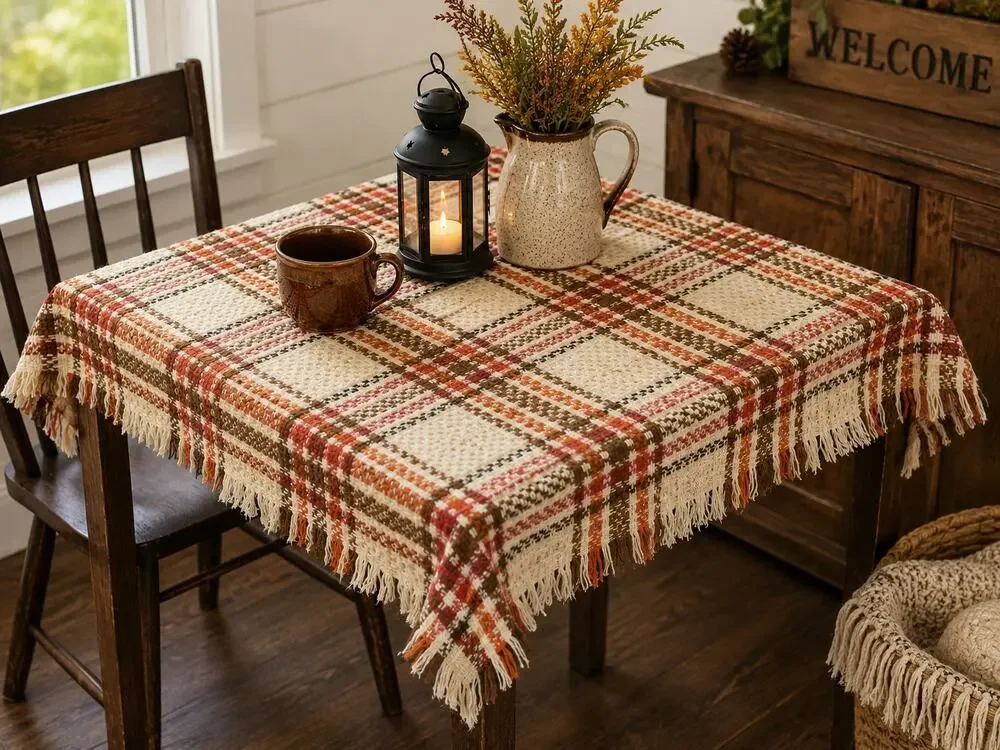 Vintage Cotton Plaid Small Table Covering Fringed Rustic Farmhouse Cabin 32 X 32